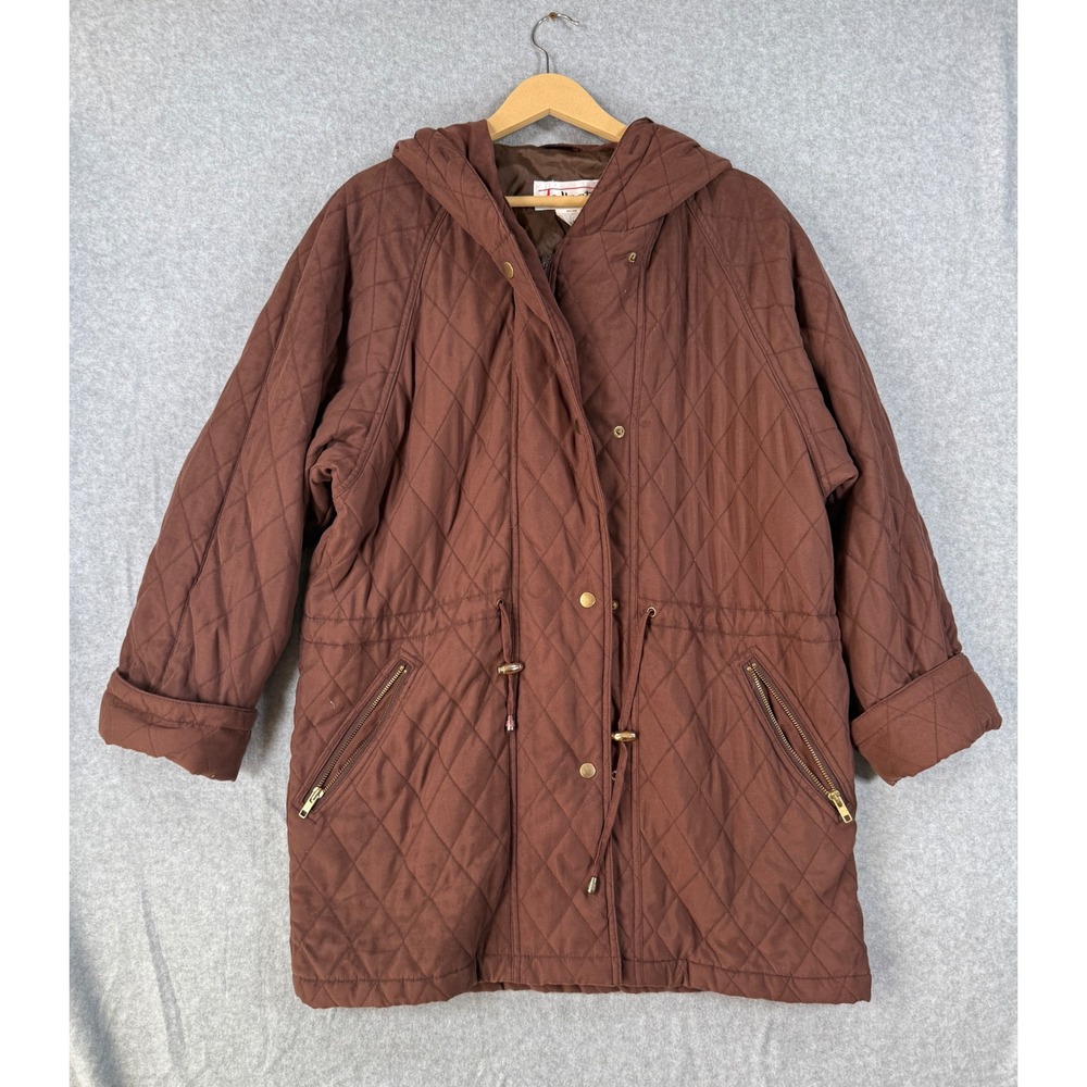 Talbots Medium Quilted Parka Brown Classic Barn Jacket Hooded Drawstring Coat